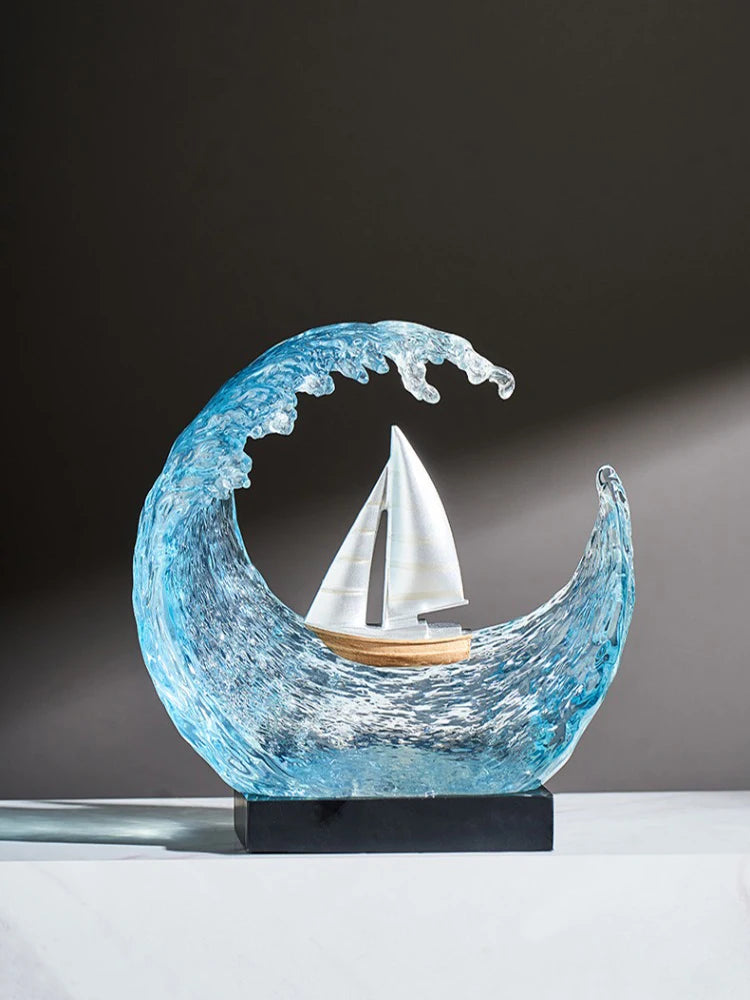 Transparent Resin Ocean Wave Sailboat Sculpture Desktop Ornament Sailing Nautical Model Figurine Living Room Office Home Decor