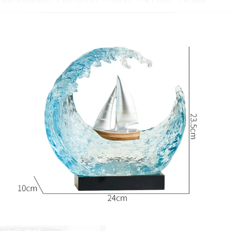 Transparent Resin Ocean Wave Sailboat Sculpture Desktop Ornament Sailing Nautical Model Figurine Living Room Office Home Decor
