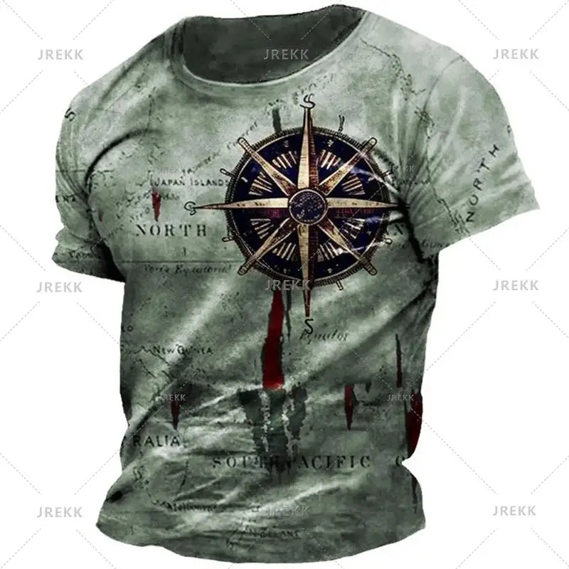 Vintage Nautical Map Compass Printing T Shirts Summer Daily Men Loose Short Sleeve Male Tees Casual Tops Unisex Clothing Apparel