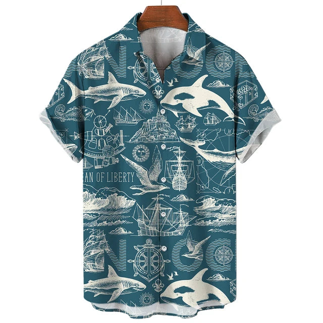 Vintage Men'S Sailing Hawaiian Casual Shirt For Blouse Men Fashion Short Sleeve Summer Street Top Male Clothes Camisas Casuais
