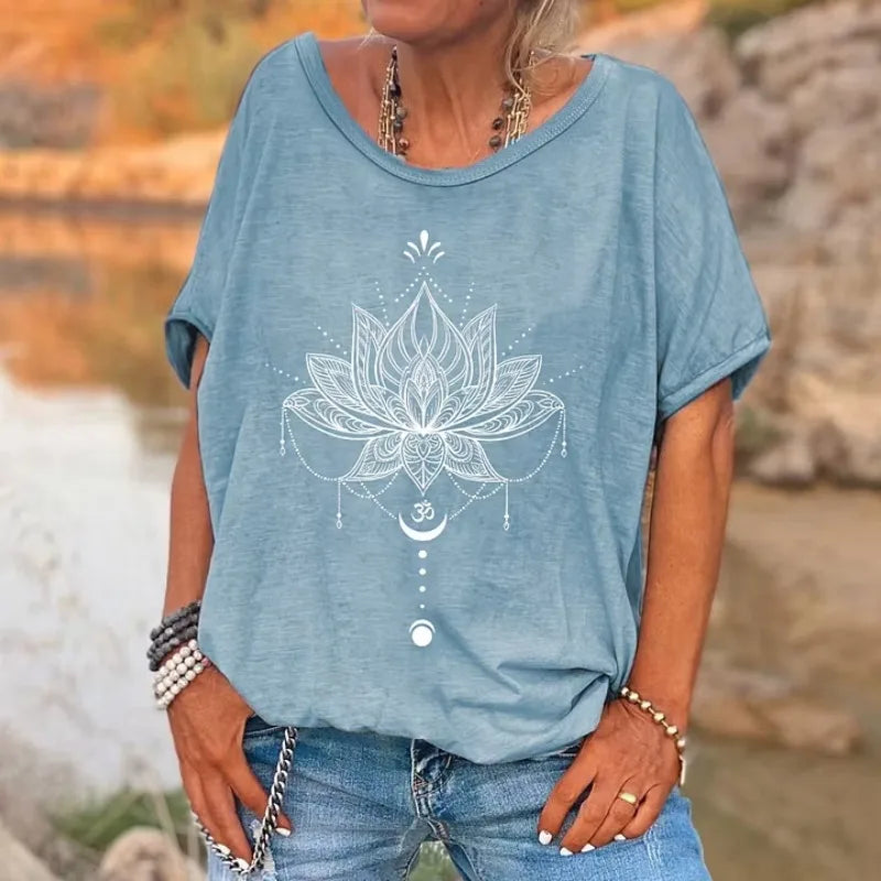 ilstile Women's Vintage Hippie Flower Print T-Shirts Summer Short Sleeve Casual Loose V Neck Tops Black Pink Tees New Arrival