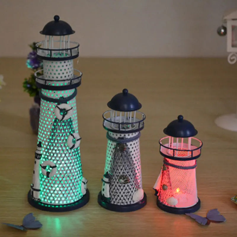 Nautical Ocean Flash Lighthouse Fishing Net Starfish Shell Metal Beacon Tower Ornaments Figurines Crafts Home Decor