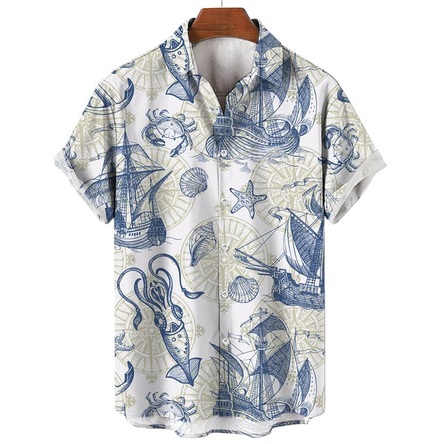 Vintage Men'S Sailing Hawaiian Casual Shirt For Blouse Men Fashion Short Sleeve Summer Street Top Male Clothes Camisas Casuais