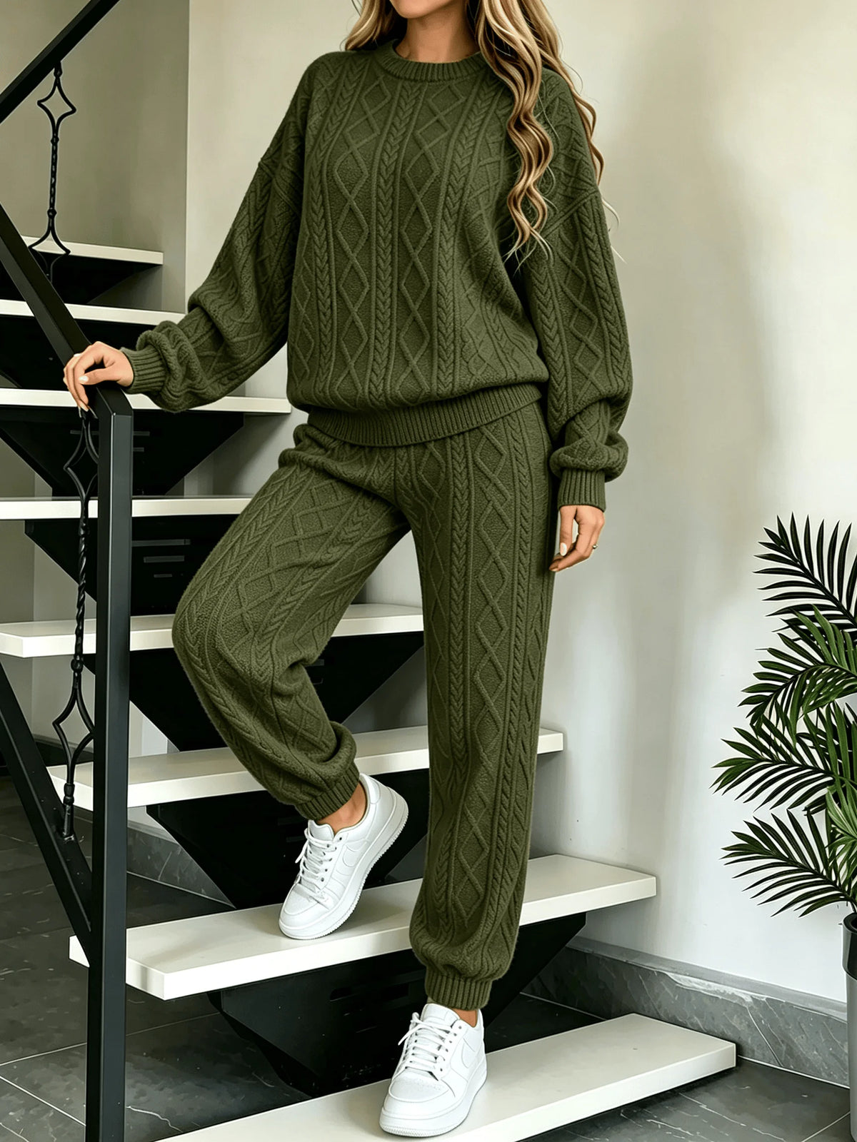 Women Cable Knit 2‑Piece Outfit O‑Neck Long Sleeve Sweater Tops Jogger Pants Set Loose Casual Loungewear Knitted Tracksuit For Daily Wear