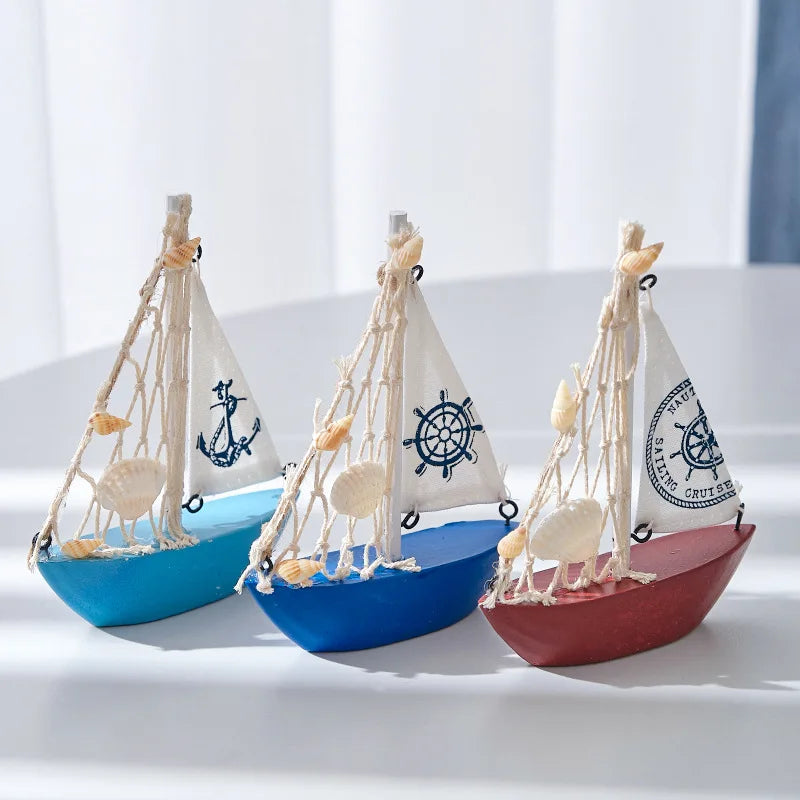 14cm/5.5inch Mini Sailboat Model Decoration Wooden Miniature Sailing Boat Home Decor Beach Nautical Design, Navy Blue and White