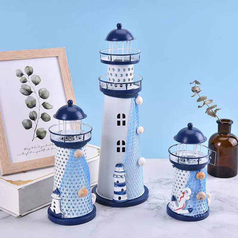 Nautical Ocean Flash Lighthouse Fishing Net Starfish Shell Metal Beacon Tower Ornaments Figurines Crafts Home Decor