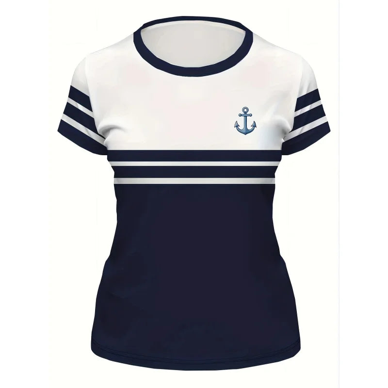 2026Fashionable women's nautical styleTShirt，round Neck Short Sleeve，With anchor print pattern，Casual striped top