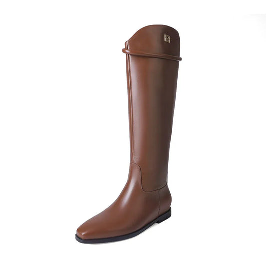 Arden Furtado Autumn Cowhide Knee High Black Boots Womens Square-Head Side Zipper Low Heel Riding Boots Belt Buckle Decoration