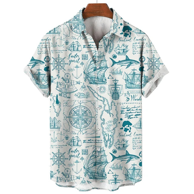 Vintage Men'S Sailing Hawaiian Casual Shirt For Blouse Men Fashion Short Sleeve Summer Street Top Male Clothes Camisas Casuais