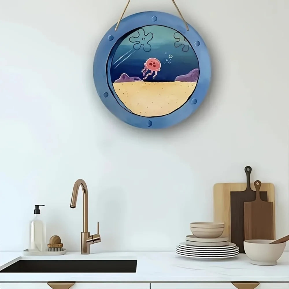 Cartoon Jellyfish Underwater Round Metal Tin Sign, High Definition Iron Painting, Nautical Themed Window View Wall Decor, Waterp