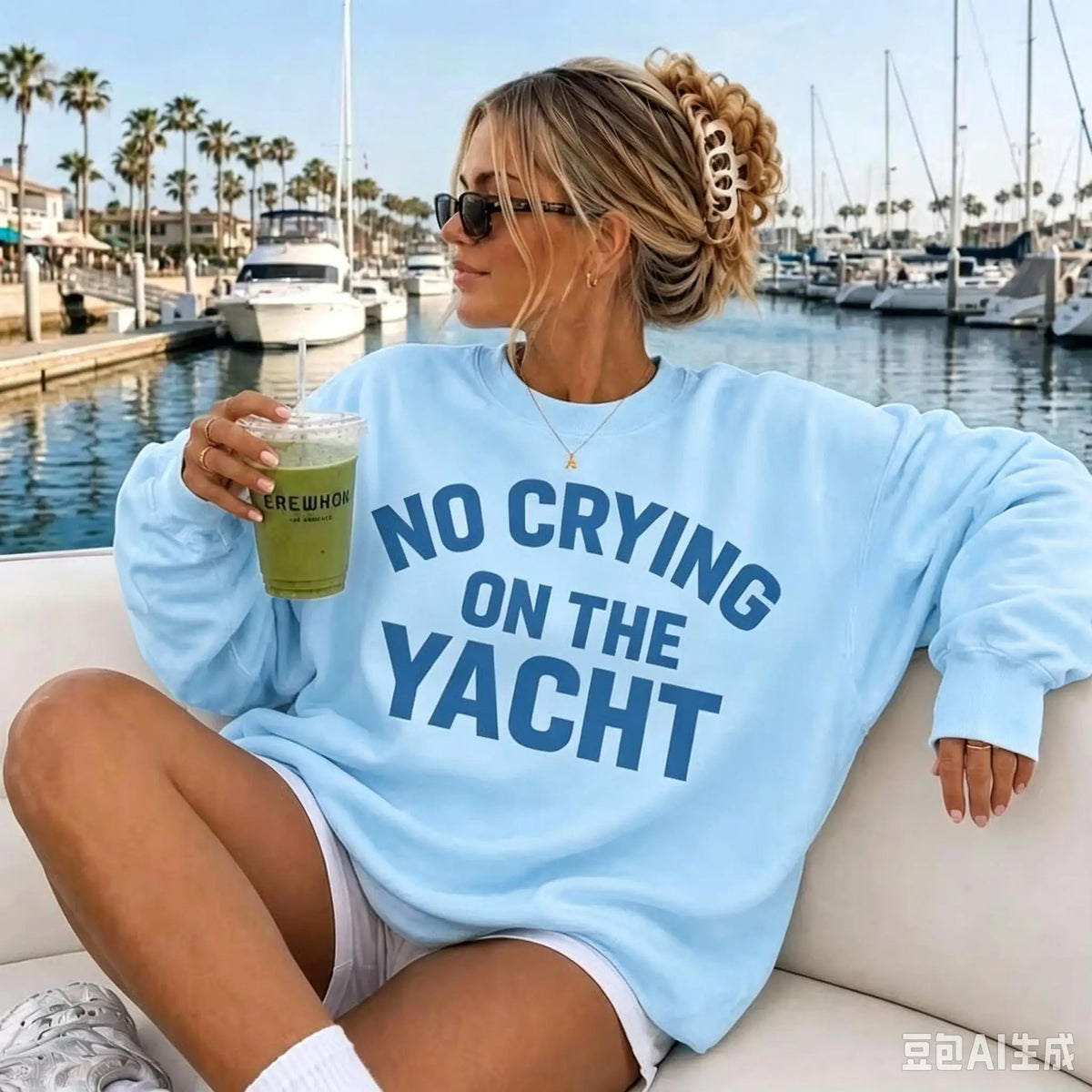 Oversized Crewneck Sweatshirt, Retro Millennium‑Style "No Crying On The Yacht" Lake Life Graphic Print Pullover, Cute Long‑Sleeve Tops For Summer Fall Women Daily Wear
