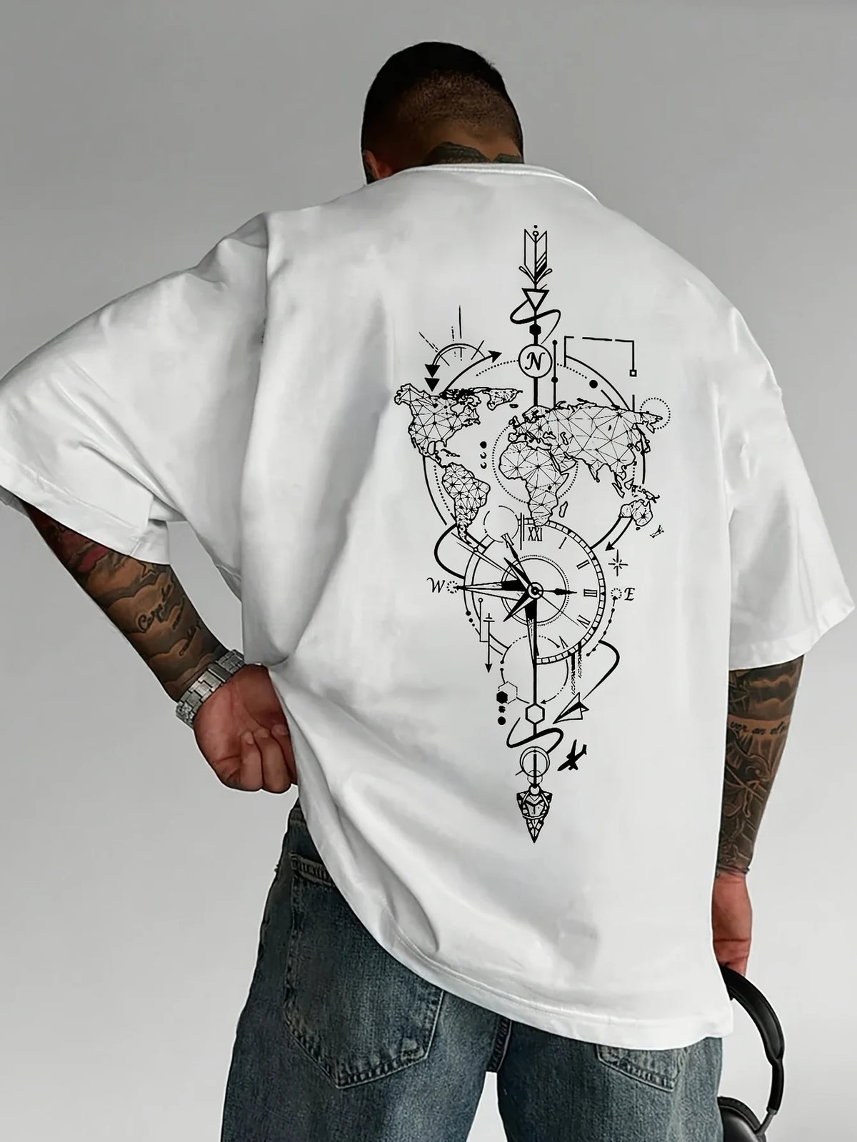 Vintage Nautical World Map Compass Print on Premium Soft 100% Cotton Mens T Shirt Perfect for Summer Casual Streetwear Style