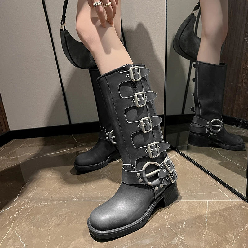 Genuine Leather Woman Boots Knee High Platform Trend Punk Gothic New Rock Leather Fashion Women's Shoes Motorcycle Footwear