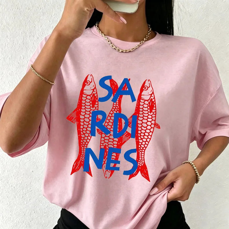 Women's White Oversized T-Shirt Red Lobster & Blue Stripes Print Casual Short Sleeve Tee Summer Beach Nautical Crew Neck Top