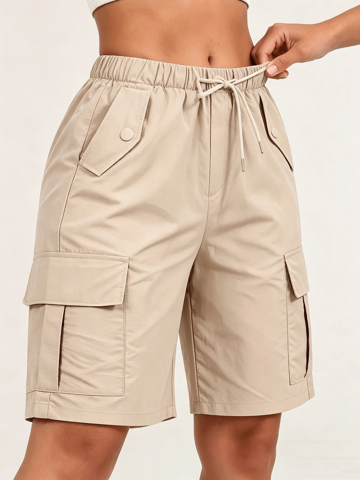 3pcs Women's Cargo Bermuda Shorts, Elastic Drawstring Waist Knee Length Shorts, Lightweight Loose Fit Multi Pocket Casual Summer Shorts for Daily Outdoor Wear