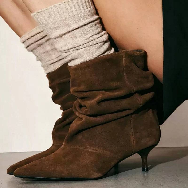 ZAROY Brand Designer Women Boots Fall Winter Warm Faux Suede Short Botas Point Toe Ruched Kitten Heel Modern Ankle Boots ботинки
