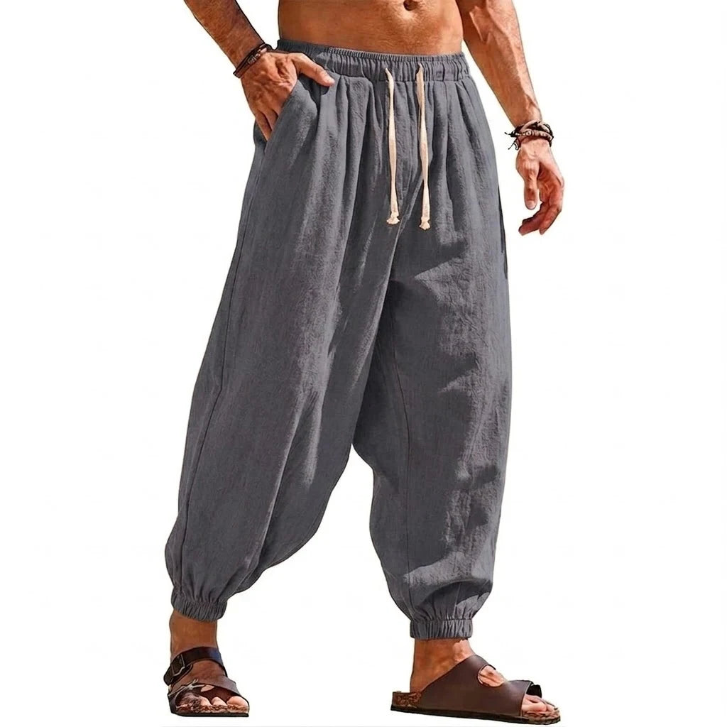 Mens Linen Harem Trousers Baggy Jogger Pants Lightweight Casual Bottoms Breathable Loose Trousers for Hiking Gym and Daily Work