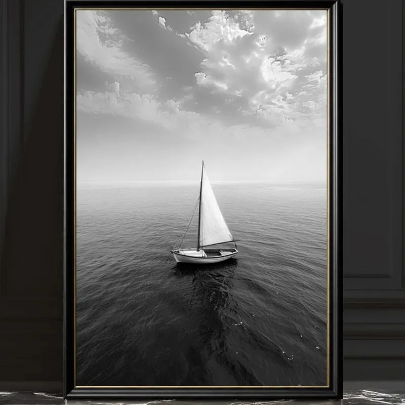 Black White Sailing Boat Canvas Wall Art Nautical Ocean Yacht Poster Set Coastal Style Living Room Bedroom Home Wall Decor