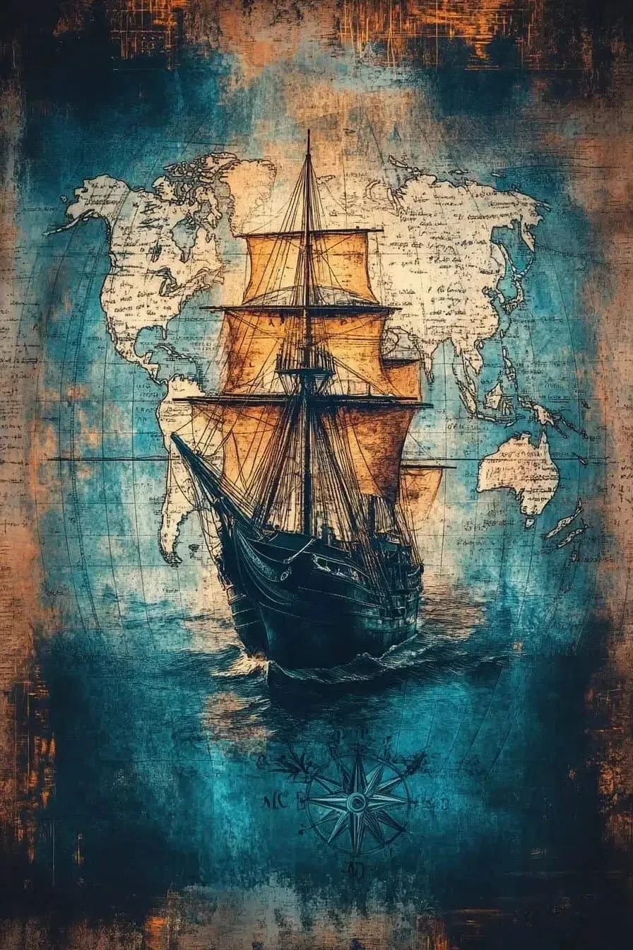 （2D canvas painting）Vintage Nautical Poster Prints Antique Sea Treasure Map Canvas Painting Wall Art Picture for Living Room