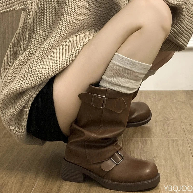 Autumn and Winter Fashion Retro Brown Western Cowboy Boots Women's Boots 2025 New Look Slim Thick and Stacked Short Boots
