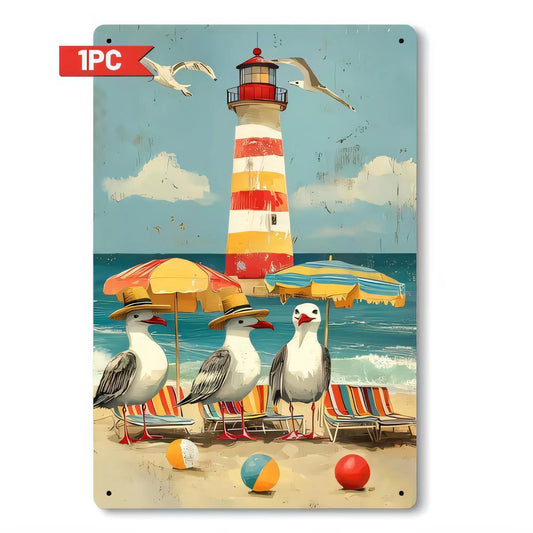 Tin Sign Seagulls at Beach Lighthouse Retro Vintage Metal Poster Wall Art 1PC Summer Coastal Nautical Decor for Home Bar Pub Gar
