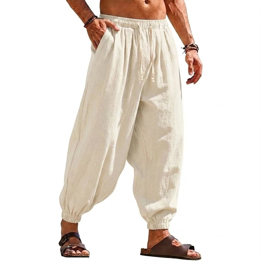 Mens Linen Harem Trousers Baggy Jogger Pants Lightweight Casual Bottoms Breathable Loose Trousers for Hiking Gym and Daily Work