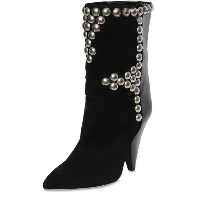 Rivets Studed Women Over The Knee High Boots Long Boots Flock Leather Patchwork High Heel Pointed Toe Runway Bota Black Beige