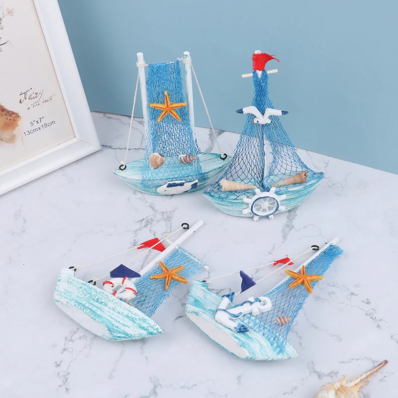 1PC 15CM Ornaments Party Home Decoration New Mediterranean Style Marine Nautical Wooden Blue Sailing Boat Ship Wood Crafts