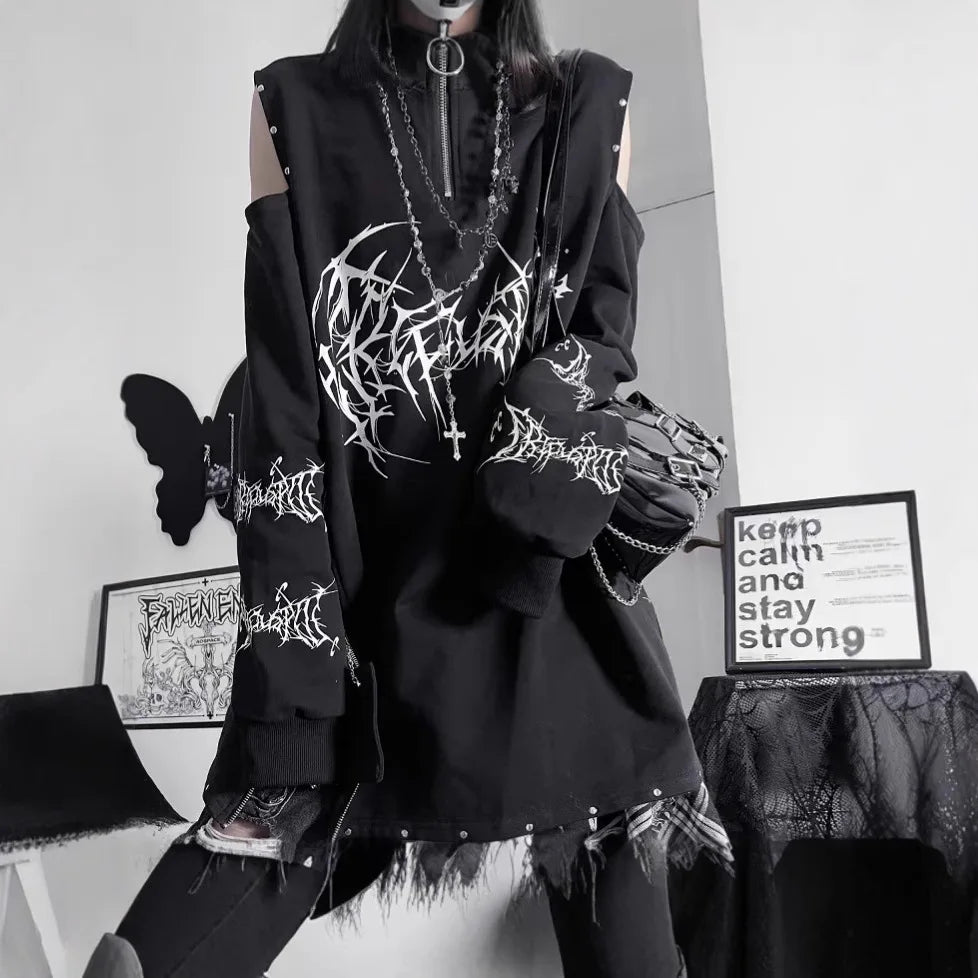 Two-Dimensional Dark Print Subculture Punk Long-Sleeved Loose Bf Style Off-Shoulder Sweatshirt with Zipper Design for Spring