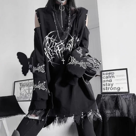 Two-Dimensional Dark Print Subculture Punk Long-Sleeved Loose Bf Style Off-Shoulder Sweatshirt with Zipper Design for Spring