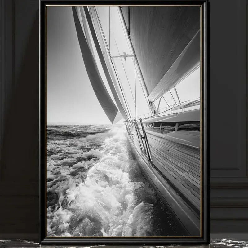 Black White Sailing Boat Canvas Wall Art Nautical Ocean Yacht Poster Set Coastal Style Living Room Bedroom Home Wall Decor