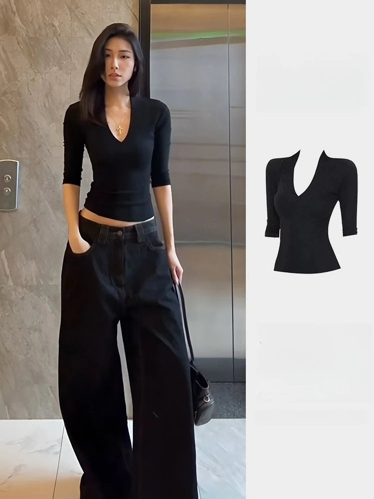 Women's Y2K Black V-Neck Drop Shoulder Short Sleeve Crop T-Shirt Summer Slim Fit Unique Casual Tee Tops Pro Choice Women Clothes
