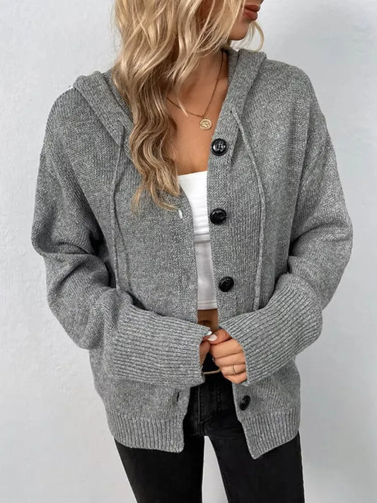 The 2026 New Women's Knitted Hooded Cardigan Has a Loose Fit, Long Sleeves, and a Front Button Design. It Is Suitable for Casual Wear in Spring, Autumn and Winter, Making It an Ideal Choice for Coffee Dates and Weekend Outing