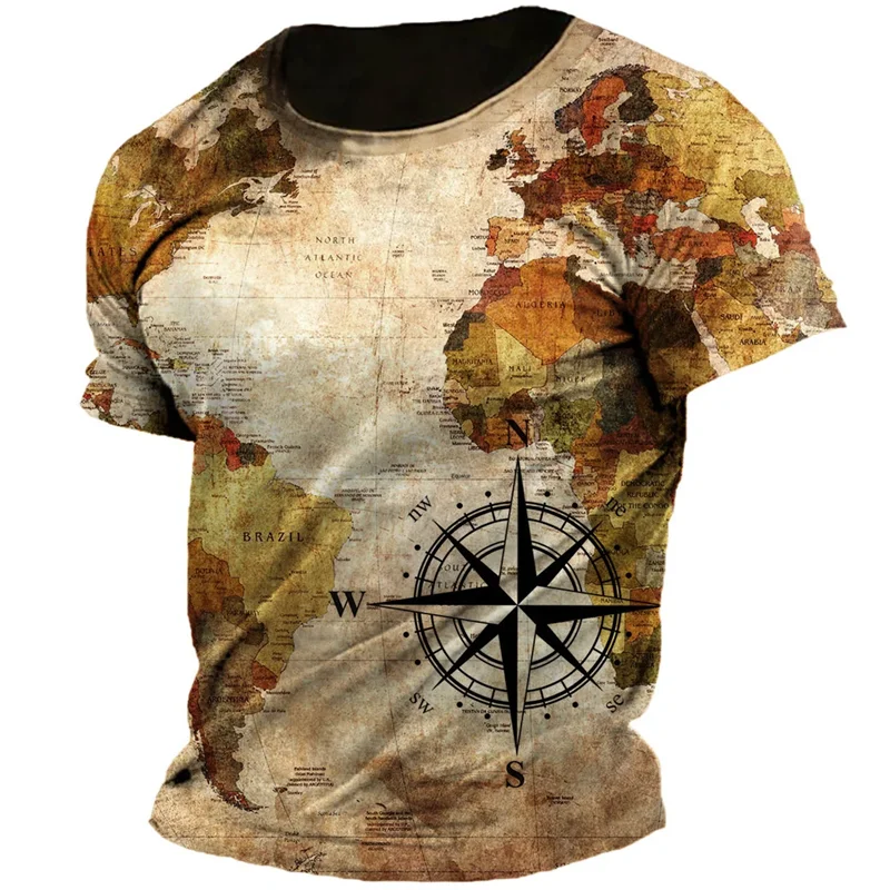 Vintage Nautical Map Compass Printing T Shirts Summer Daily Men Loose Short Sleeve Male Tees Casual Tops Unisex Clothing Apparel