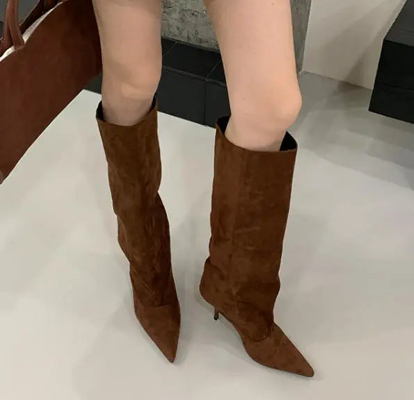 ZAROY Knee High Women Boots Winter Warm Snow Boots Sexy Thin High Heel Point Toe Suede Long Boots Brand Designer Banquet Booties