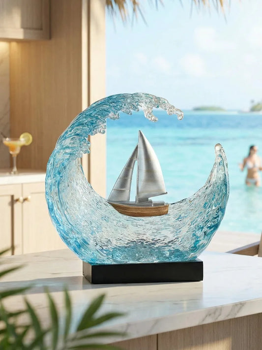 Transparent Resin Ocean Wave Sailboat Sculpture Desktop Ornament Sailing Nautical Model Figurine Living Room Office Home Decor