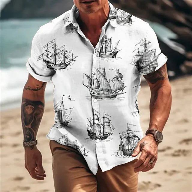 Vintage Men'S Sailing Hawaiian Casual Shirt For Blouse Men Fashion Short Sleeve Summer Street Top Male Clothes Camisas Casuais