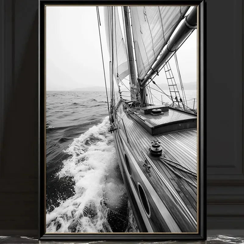 Black White Sailing Boat Canvas Wall Art Nautical Ocean Yacht Poster Set Coastal Style Living Room Bedroom Home Wall Decor