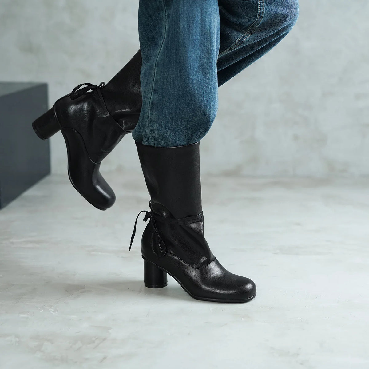 Arden Furtado Autumn cowhide Ankle strap Modern boots Round toe slip-on Chunky heels Mid-Calf boots Large size Women's Boots