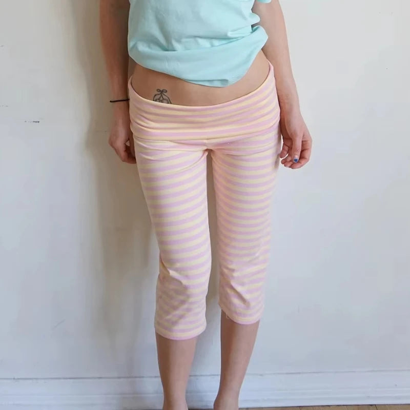 Summer Women Personality Retro Trim Capri Pants Low Rise Fold Y2K Striped Leggings Fitted Lounge Yoga Athletic Slim Pants