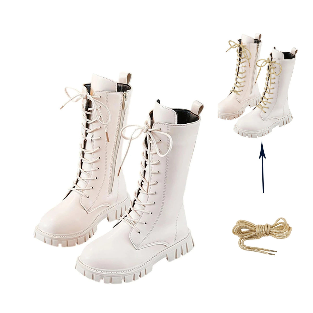 Girls White Lace-Up Boots Booties Side Zipper Soft Bottom Leather Dress/School Riding Boot Kids Autumn/Winter Fashion Mid Boots
