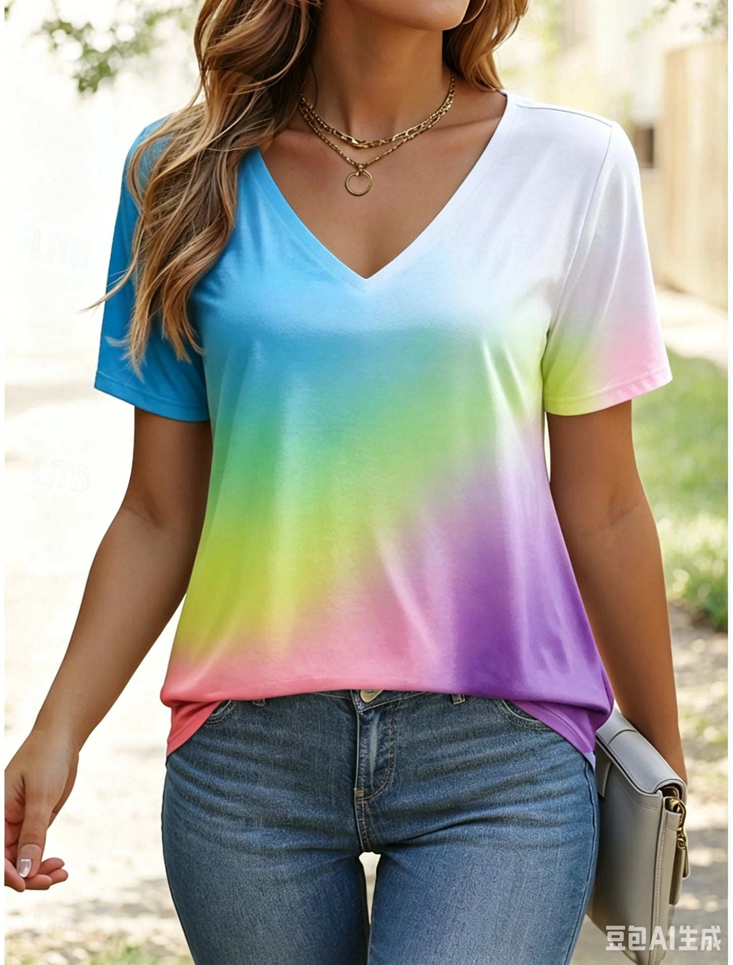 Women's T Shirt Ombre Graphic Stylish Casual Short Sleeve V Neck Regular Tops Daily Print Summer Gradient Women Fashion Tees