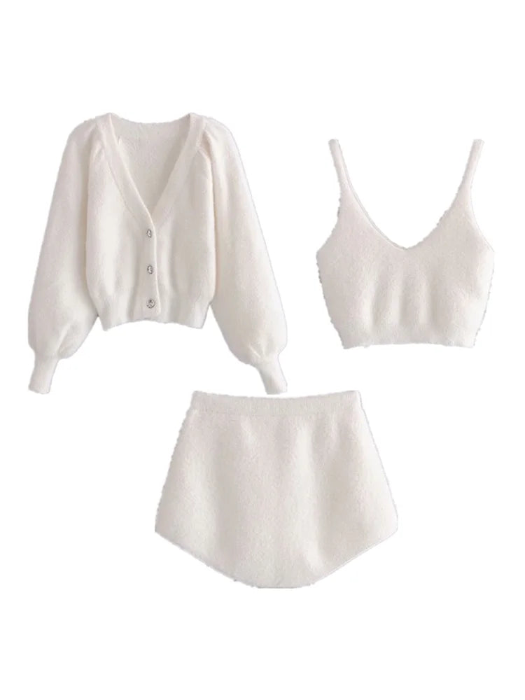 Vintage Set Shaggy Korea Style White Cardigan Furry Single-breasted Button Tank Top Knitted Sweater Jumper 1 Set