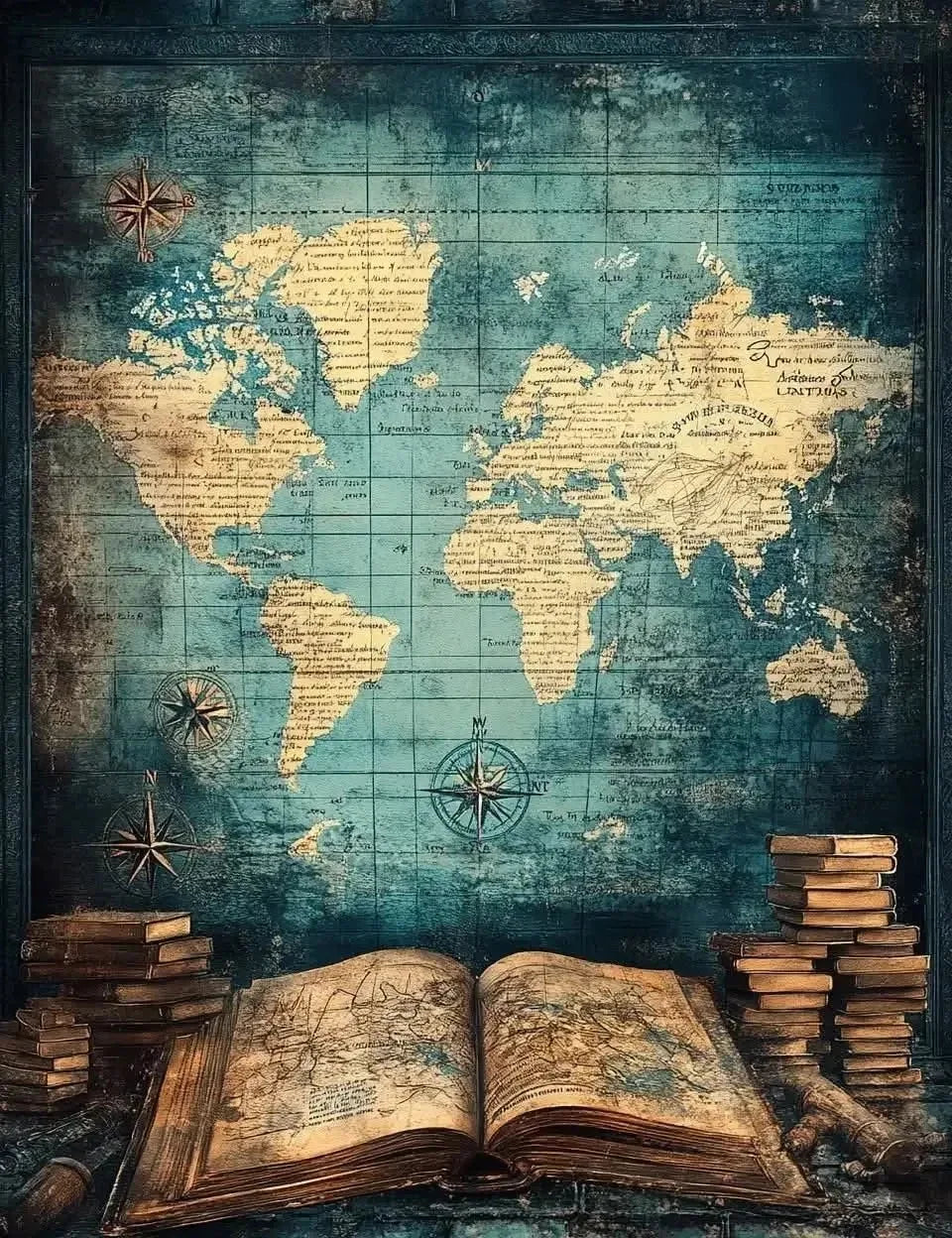 （2D canvas painting）Vintage Nautical Poster Prints Antique Sea Treasure Map Canvas Painting Wall Art Picture for Living Room