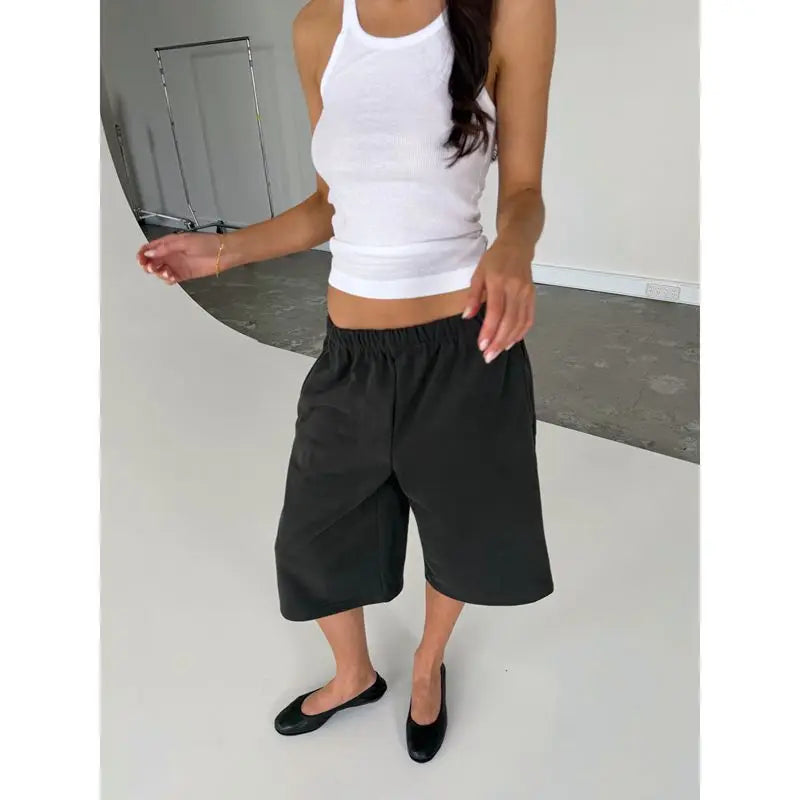 Combhasaki Summer Women's Capri Sweatpants Elastic Low Waist Straight Leg Cropped Pants Y2k Vintage Track Shorts Solid Bottoms