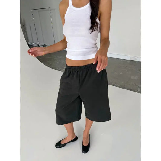 Combhasaki Summer Women's Capri Sweatpants Elastic Low Waist Straight Leg Cropped Pants Y2k Vintage Track Shorts Solid Bottoms