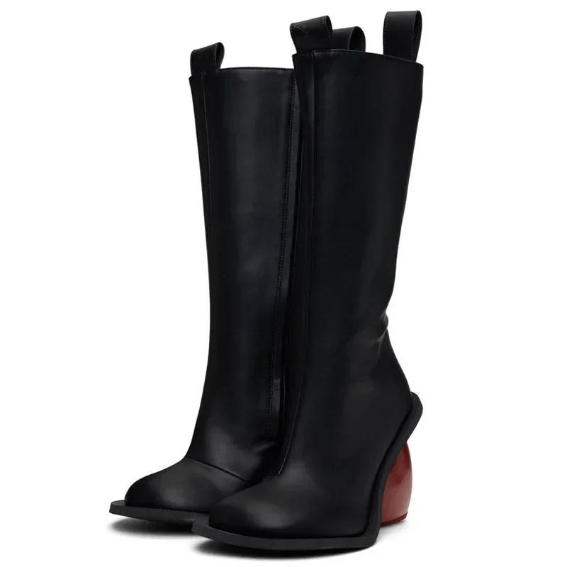 New Retro Sexy Round Toe Peach Heart Heel Side Zipper Knee High Boots European American Fashion Show Color Blocked Women's Boots