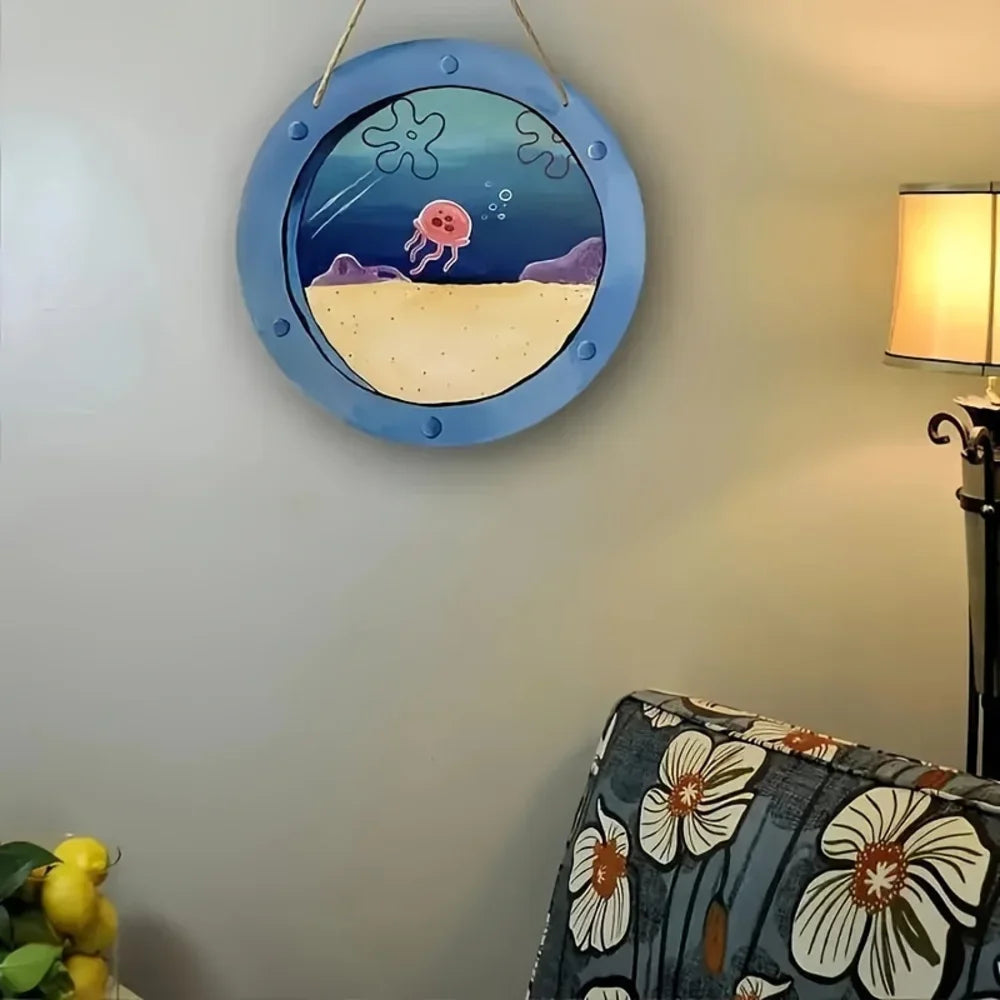 Cartoon Jellyfish Underwater Round Metal Tin Sign, High Definition Iron Painting, Nautical Themed Window View Wall Decor, Waterp