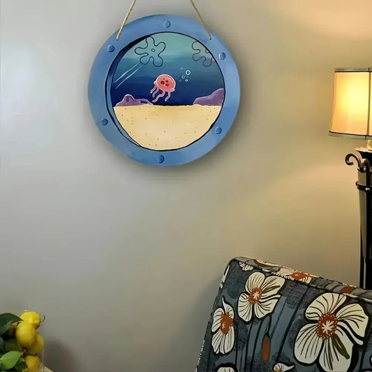 Cartoon Jellyfish Underwater Round Metal Tin Sign, High Definition Iron Painting, Nautical Themed Window View Wall Decor, Waterp
