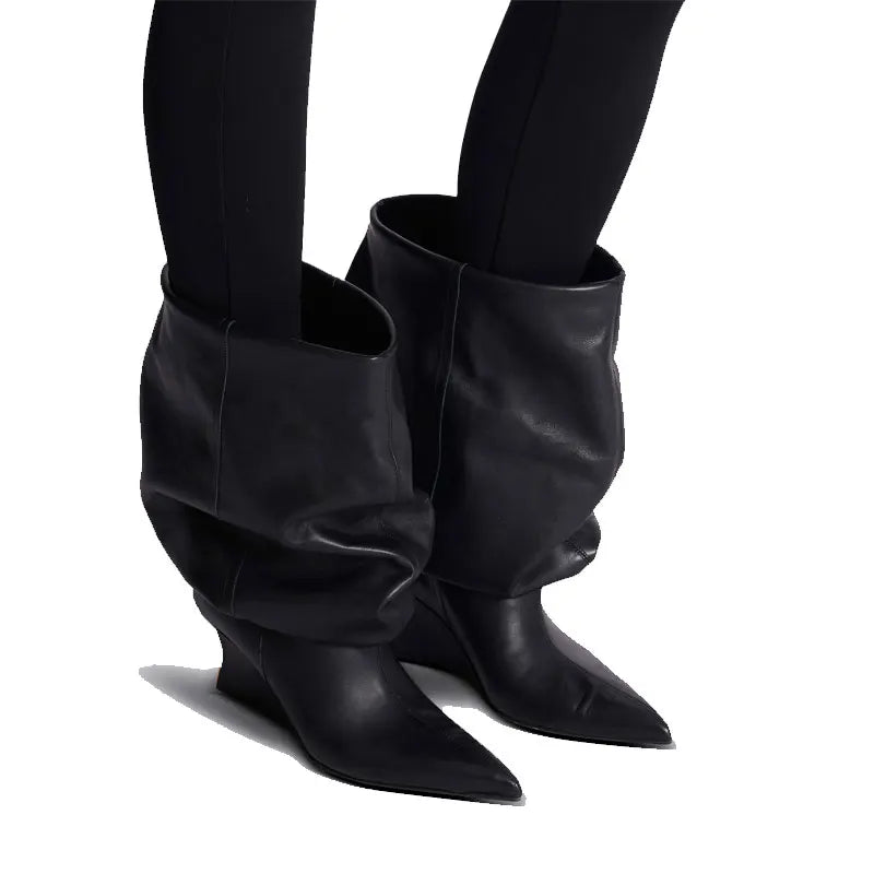 2025 Women's Wedge Heel 7.5 Cm High Heels Mid-calf Cool Boots Slant Heel Fashion Show Large Size Spring/Summer Women's Boots